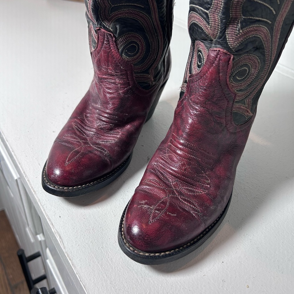 Vintage Larry Mahan Cowboy Boots Womens 5B Burgundy Black Tall Western Boots USA - Picture 4 of 9